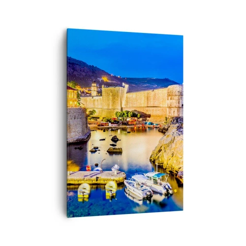 Cuadro sobre lienzo - Impresión de Imagen - Un puerto pintoresco de noche con edificios iluminados. - 70x100cm - Noche iluminada sobre el mar Adriático - Decoración de pared moderna para salón y dormitorio ARTTOR