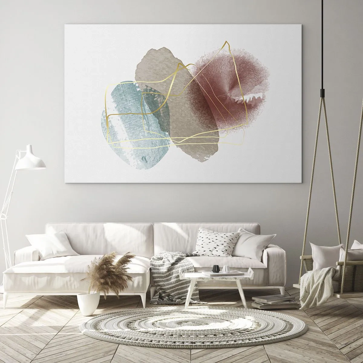 Cuadro sobre vidrio - Impresiones sobre Vidrio - Salpicaduras de acuarela abstractas y líneas doradas. - 120x80cm - Abstracción coral del espacio - Decoración de pared moderna para salón y dormitorio ARTTOR