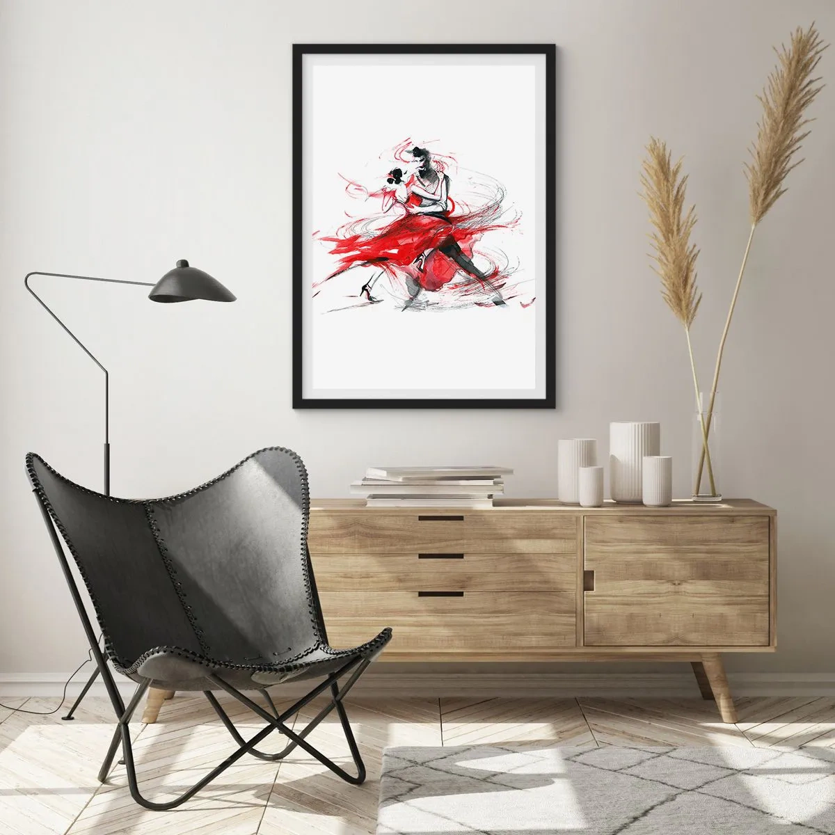 Póster en marco negro - Una pareja bailando tango con dinámicos acentos rojos. - 50x70cm - El tango: el ritmo de la pasión - Decoración de pared moderna para salón y dormitorio ARTTOR