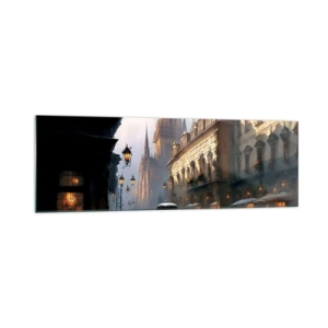 Cuadro sobre vidrio - Impresiones sobre Vidrio - Escena callejera nocturna con arquitectura histórica - 160x50cm - La magia de una noche de Praga - Decoración de pared moderna para salón y dormitorio ARTTOR