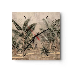 Reloj de pared - Reloj de vidrio - Palmeras y vegetación tropical en tonos verdes sobre fondo beige. - 30x30cm - Grabados de estilo colonial - Decoración de pared moderna para salón y dormitorio ARTTOR
