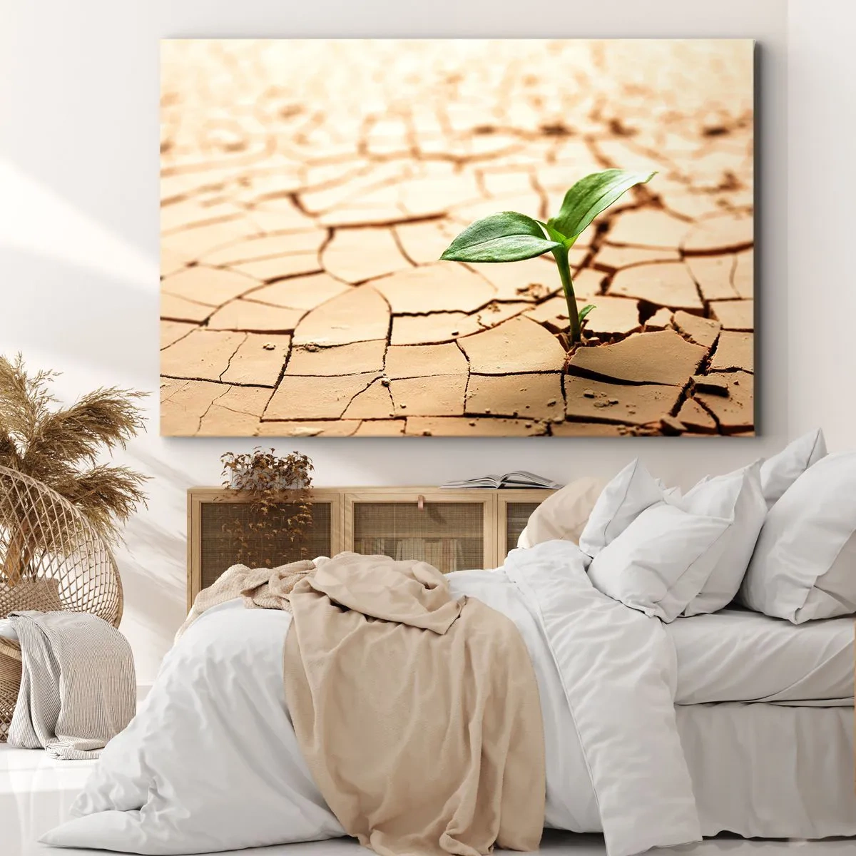 Cuadro sobre lienzo - Impresión de Imagen - Una planta verde que crece en tierra seca y agrietada. - 70x50cm - El poder indomable de la vida - Decoración de pared moderna para salón y dormitorio ARTTOR