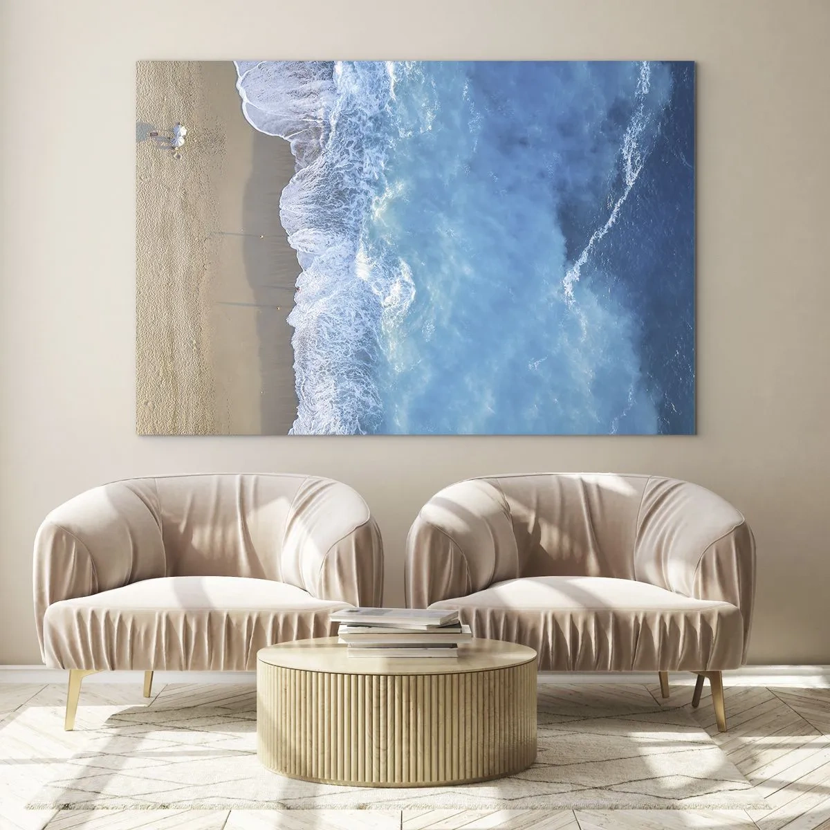 Cuadro sobre vidrio - Impresiones sobre Vidrio - Vista aérea de la playa y olas rompiendo. - 120x80cm - El poder del azul - Decoración de pared moderna para salón y dormitorio ARTTOR