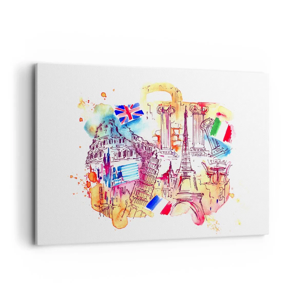 Cuadro sobre lienzo - Impresión de Imagen - Acuarela de símbolos europeos con banderas de países. - 120x80cm - Gira europea - Decoración de pared moderna para salón y dormitorio ARTTOR