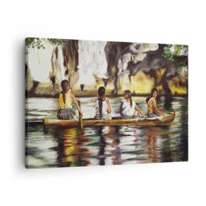 Cuadro sobre lienzo - Impresión de Imagen - Mujeres en un bote en un río tranquilo con un fondo pintoresco - 70x50cm - En un paraíso polinesio - Decoración de pared moderna para salón y dormitorio ARTTOR