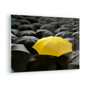 Cuadro sobre vidrio - Impresiones sobre Vidrio - Un paraguas amarillo que destaca entre los negros. - 70x50cm - Adiós a la tristeza - Decoración de pared moderna para salón y dormitorio ARTTOR