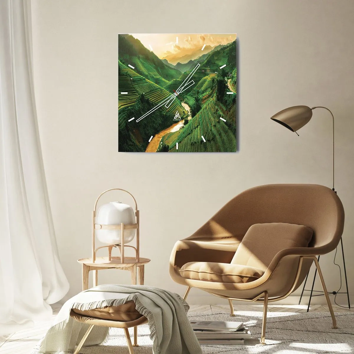 Reloj de pared - Reloj de vidrio - Pintorescas terrazas de arroz en un valle verde iluminado por el sol poniente - 30x30cm - Valle vietnamita - Decoración de pared moderna para salón y dormitorio ARTTOR