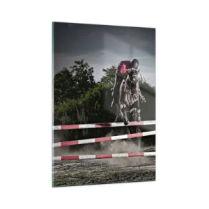 Cuadro sobre vidrio - Impresiones sobre Vidrio - Un jinete a caballo salta un obstáculo con la naturaleza como telón de fondo. - 50x70cm - Juntos por la victoria - Decoración de pared moderna para salón y dormitorio ARTTOR