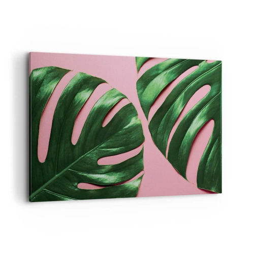 Cuadro sobre lienzo - Impresión de Imagen - Hojas de monstera verde sobre un fondo rosa - 120x80cm - Cita con el verde - Decoración de pared moderna para salón y dormitorio ARTTOR