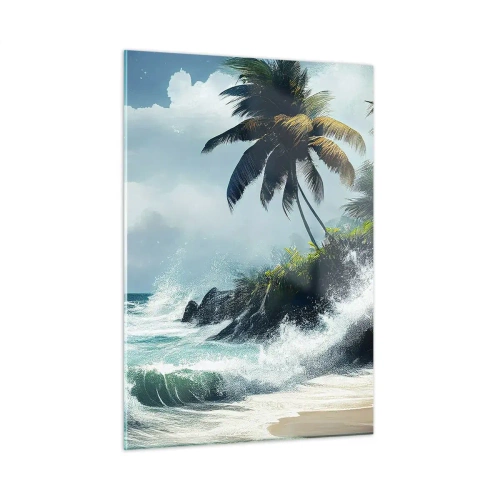 Cuadro sobre vidrio - Impresiones sobre Vidrio - Olas rompiendo contra las rocas junto a las palmeras en una playa tropical - 50x70cm - En una costa tropical - Decoración de pared moderna para salón y dormitorio ARTTOR