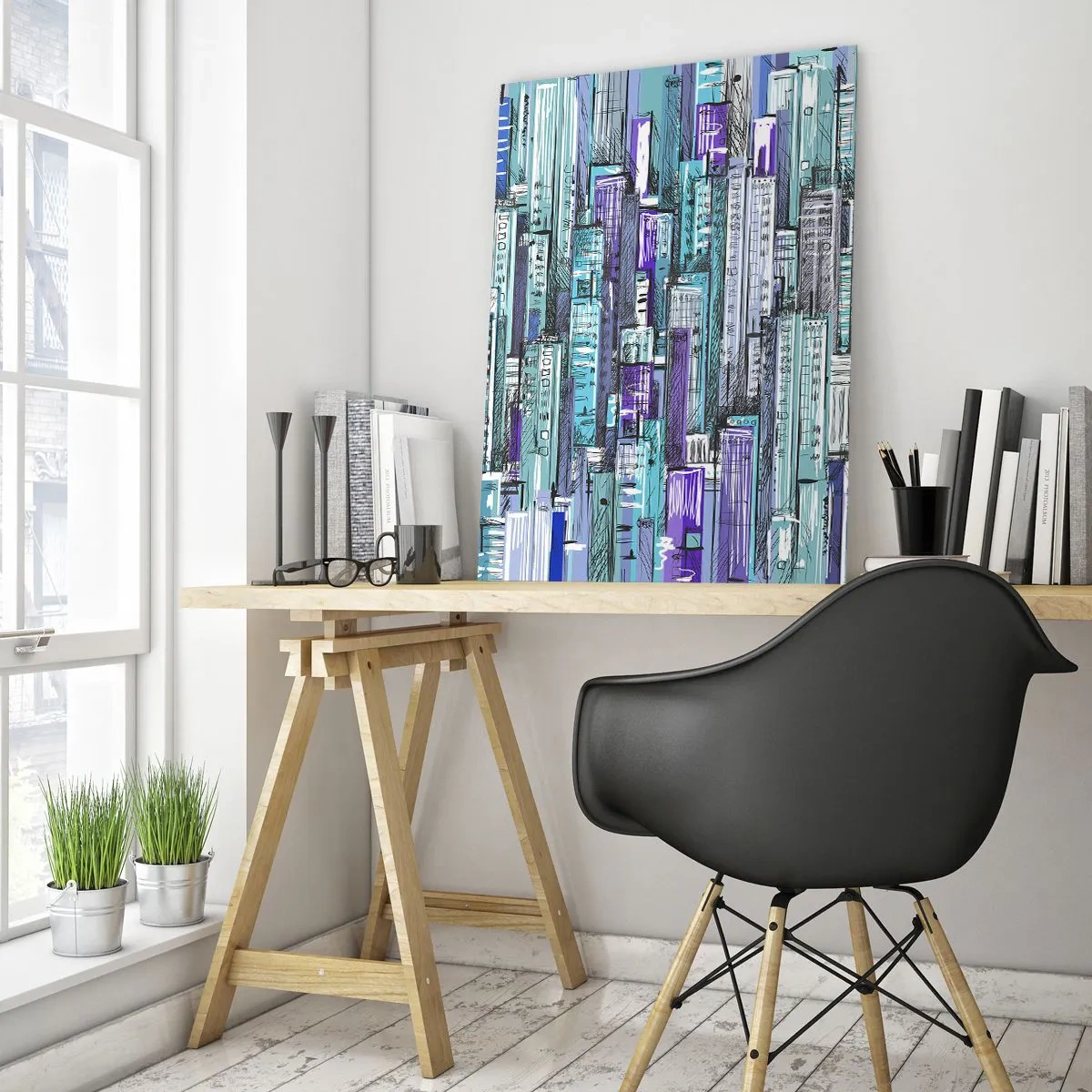Cuadro sobre vidrio - Impresiones sobre Vidrio - Ilustración de una ciudad con edificios geométricos en tonos azules y morados. - 80x120cm - Azul del cielo - Decoración de pared moderna para salón y dormitorio ARTTOR