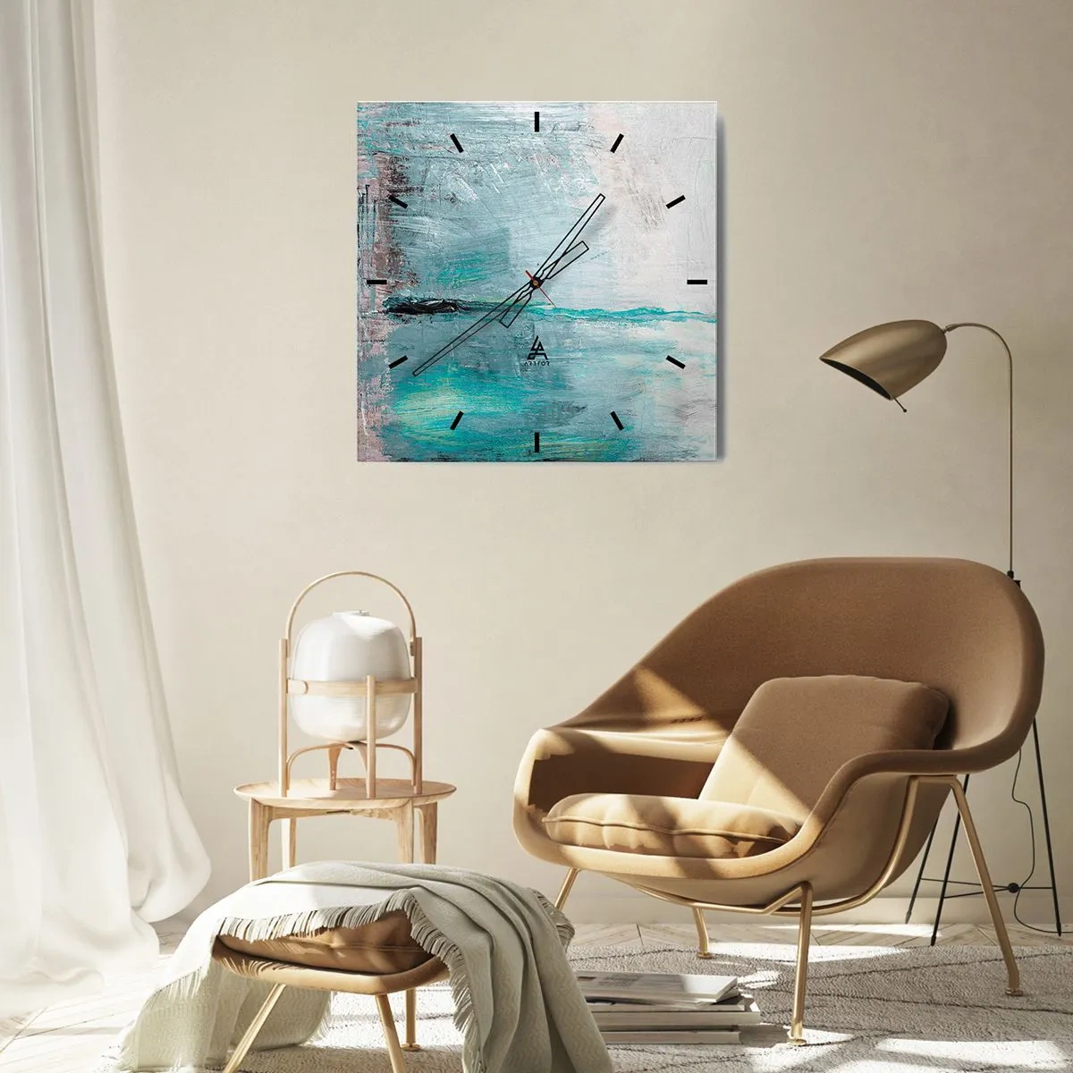 Reloj de pared - Reloj de vidrio - Horizontalmente sobre el azul - 40x40 cm