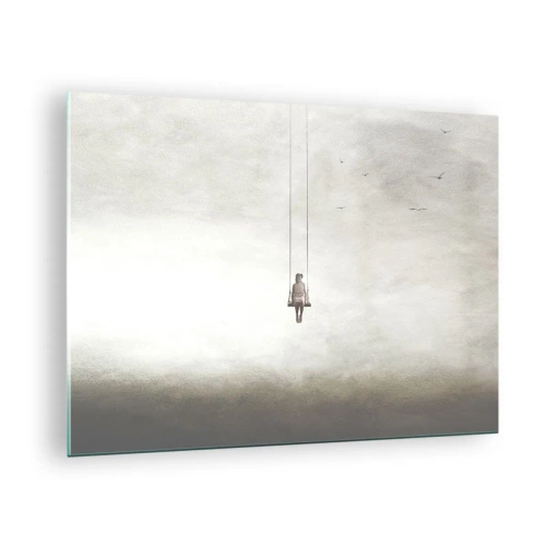 Cuadro sobre vidrio - Impresiones sobre Vidrio - Una figura en un columpio suspendido en el cielo. - 70x50cm - El niño que llevamos dentro - Decoración de pared moderna para salón y dormitorio ARTTOR