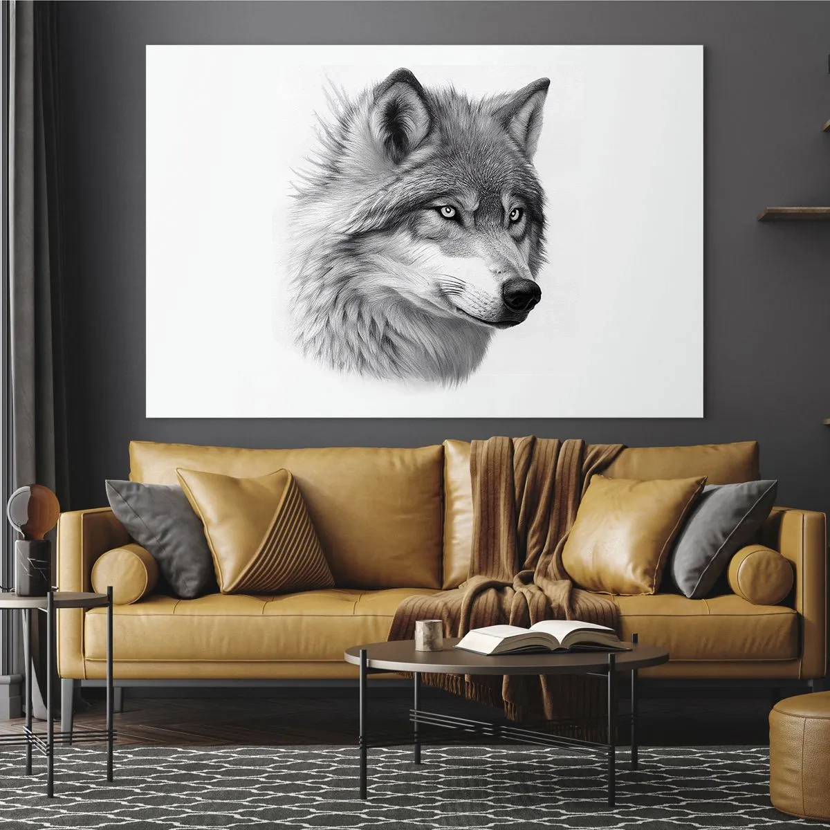 Cuadro sobre vidrio - Impresiones sobre Vidrio - Retrato en blanco y negro de un lobo con una mirada penetrante. - 70x50cm - Alfa - sin duda - Decoración de pared moderna para salón y dormitorio ARTTOR