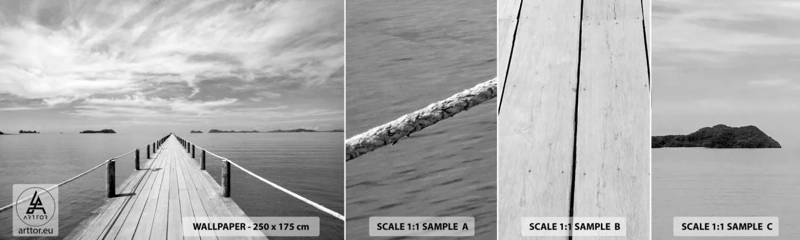 Muestra de fotomural autoadhesivo Deluxe Sticker - Hora de viajar - Paisaje, Mar, Puente de madera - 100x30 cm