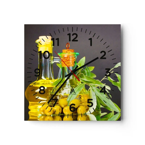 Reloj de pared - Reloj de vidrio - Bodegón con aceitunas y aceite - 30x30 cm