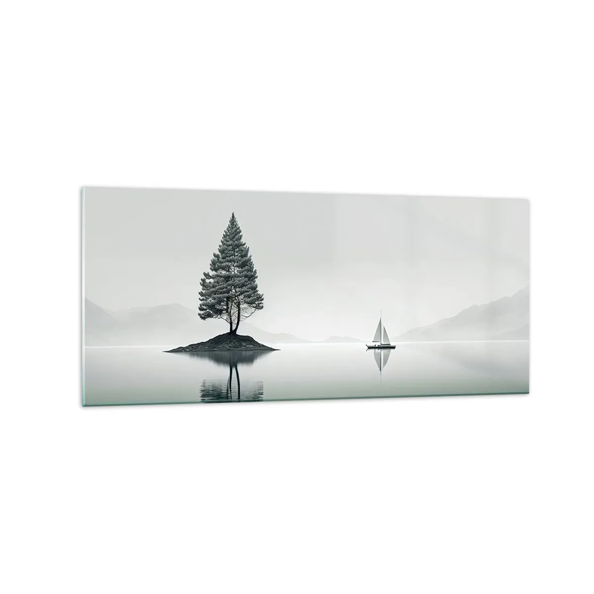 Cuadro sobre vidrio - Impresiones sobre Vidrio - Un paisaje minimalista con un árbol en una isla y un velero. - 120x50cm - Un sueño hecho realidad - Decoración de pared moderna para salón y dormitorio ARTTOR