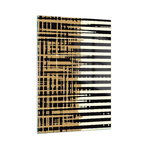 Cuadro sobre vidrio - Impresiones sobre Vidrio - Rayas y líneas geométricas en tonos negros y dorados. - 50x70cm - Abstracción arquitectónica - Decoración de pared moderna para salón y dormitorio ARTTOR