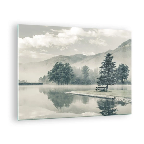 Cuadro sobre vidrio - Impresiones sobre Vidrio - Un lago tranquilo por la mañana con un banco y niebla sobre el agua. - 70x50cm - El lago sigue durmiendo - Decoración de pared moderna para salón y dormitorio ARTTOR
