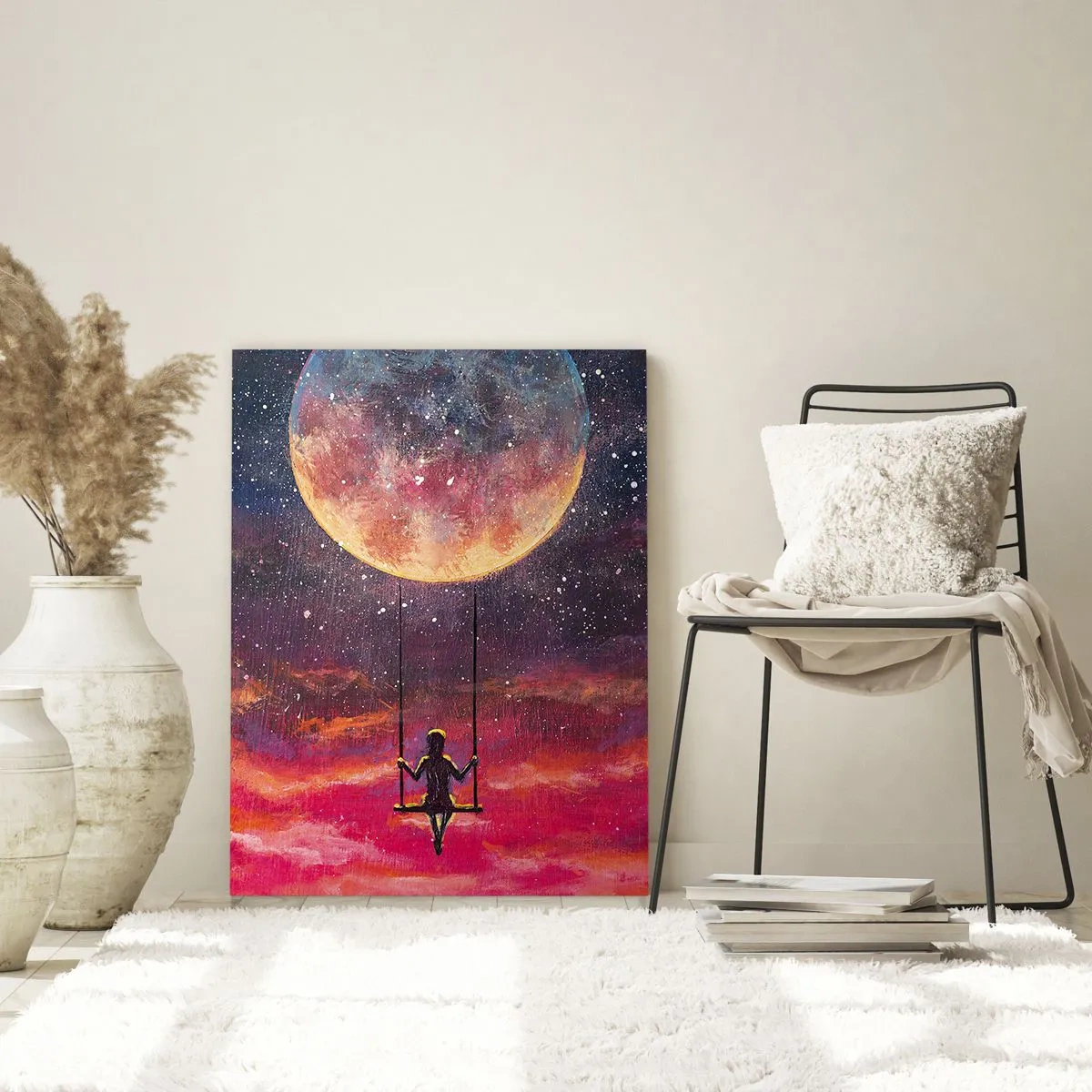 Cuadro sobre vidrio - Impresiones sobre Vidrio - Una niña en un columpio suspendido bajo la luna. - 50x70cm - Disfrutar de las nubes - Decoración de pared moderna para salón y dormitorio ARTTOR