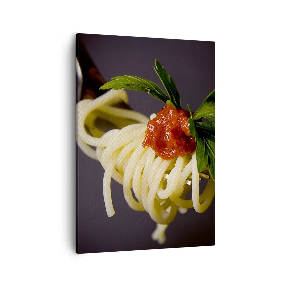 Cuadro sobre lienzo - Impresión de Imagen - Pasta espaguetis al tenedor con salsa de tomate y perejil - 50x70cm - Un sabroso bocado - Decoración de pared moderna para salón y dormitorio ARTTOR