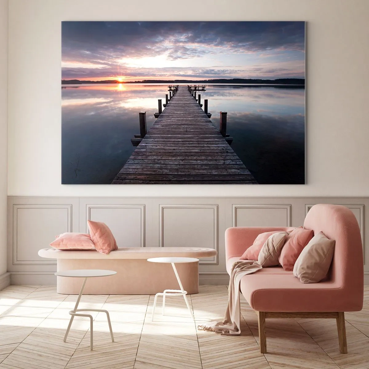 Cuadro sobre vidrio - Impresiones sobre Vidrio - Muelle de madera en el lago al atardecer - 100x70cm - Frontera silenciosa del día y la noche - Decoración de pared moderna para salón y dormitorio ARTTOR