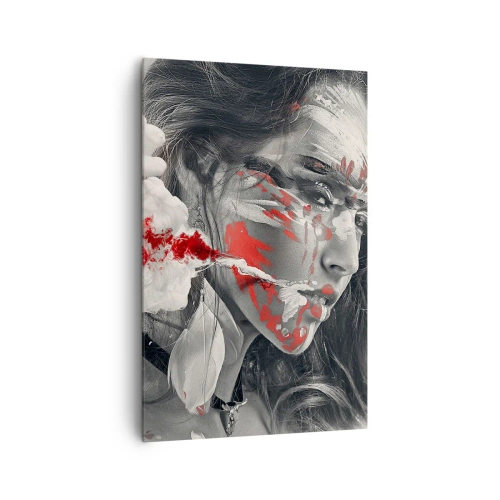Cuadro sobre lienzo - Impresión de Imagen - Retrato artístico de una mujer con acentos rojos abstractos. - 80x120cm - En los humos del absurdo - Decoración de pared moderna para salón y dormitorio ARTTOR