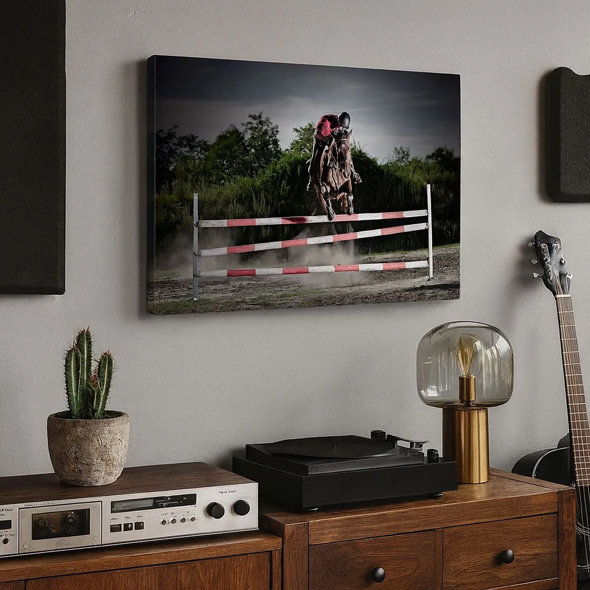 Cuadro sobre lienzo - Impresión de Imagen - Un jinete a caballo saltando sobre un obstáculo en una pista de carreras. - 70x50cm - Juntos por la victoria - Decoración de pared moderna para salón y dormitorio ARTTOR