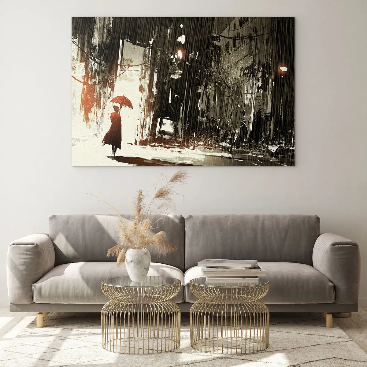 Cuadro sobre vidrio - Impresiones sobre Vidrio - Una persona con un paraguas rojo bajo la lluvia contra un fondo de ciudad oscura. - 70x50cm - Poesía de un paraguas rojo - Decoración de pared moderna para salón y dormitorio ARTTOR
