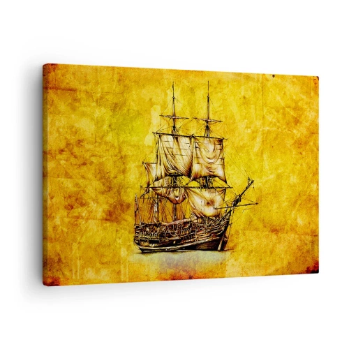 Cuadro sobre lienzo - Impresión de Imagen - Un dibujo estilizado de un velero sobre un fondo dorado con un toque vintage. - 70x50cm - ¡Rumbo a la isla Tortuga! - Decoración de pared moderna para salón y dormitorio ARTTOR