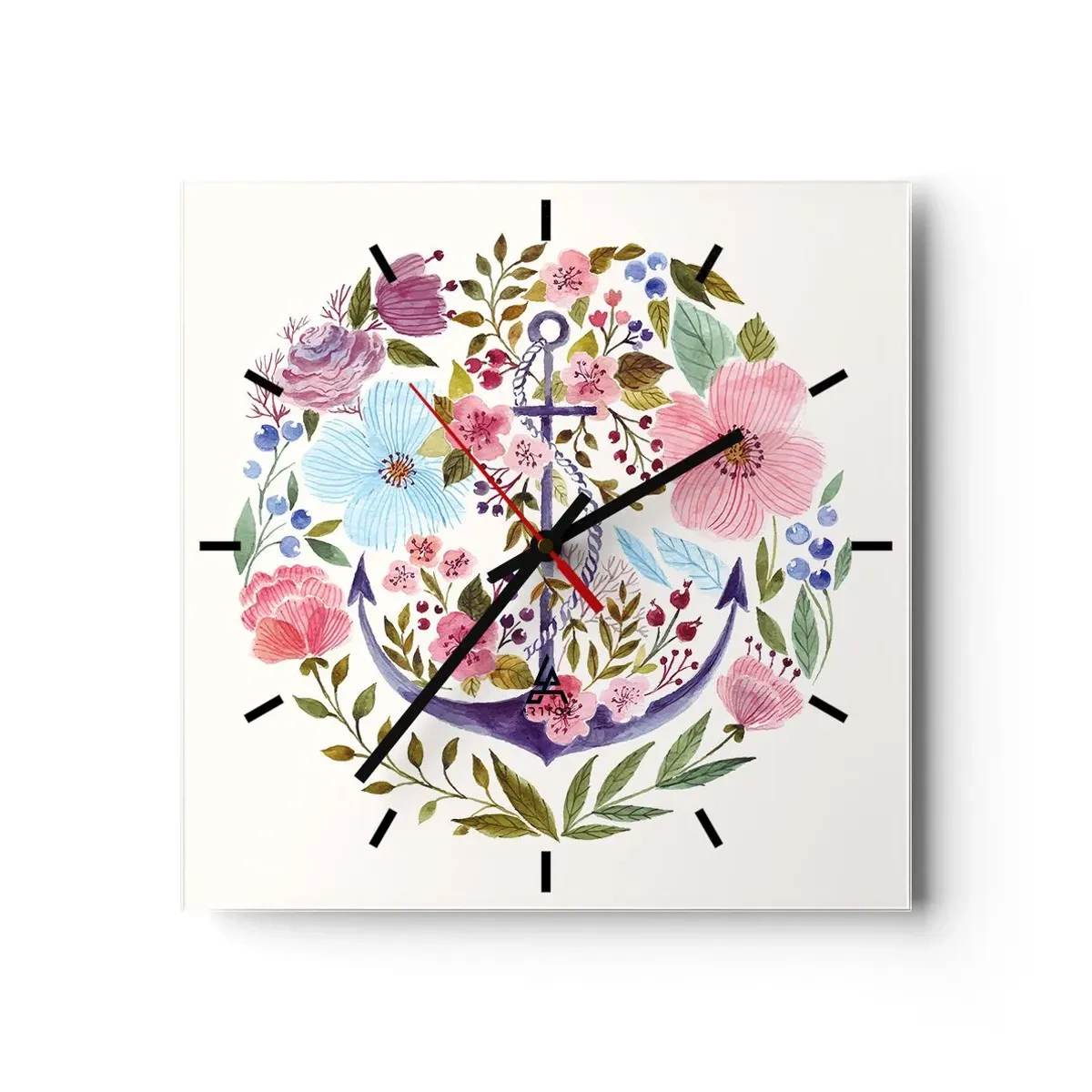 Reloj de pared - Reloj de vidrio - Un ancla rodeada de flores de acuarela sobre un fondo claro. - 30x30cm - El sueño reparador de un marinero - Decoración de pared moderna para salón y dormitorio ARTTOR