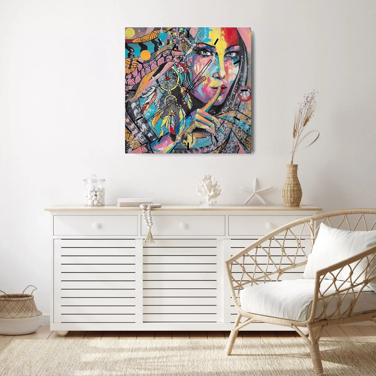 Reloj de pared - Reloj de vidrio - Rostro femenino colorido en estilo artístico. - 30x30cm - Silencio hasta que entiendas - Decoración de pared moderna para salón y dormitorio ARTTOR