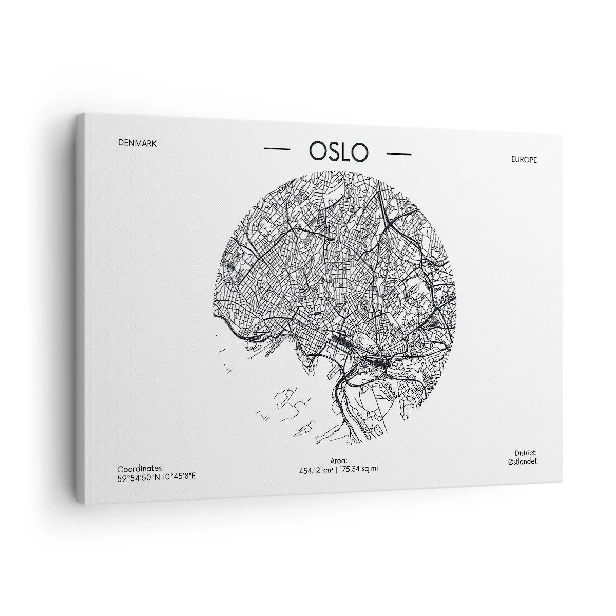 Cuadro sobre lienzo - Impresión de Imagen - Un mapa de Oslo en un estilo minimalista en blanco y negro. - 70x50cm - Anatomía de Oslo - Decoración de pared moderna para salón y dormitorio ARTTOR
