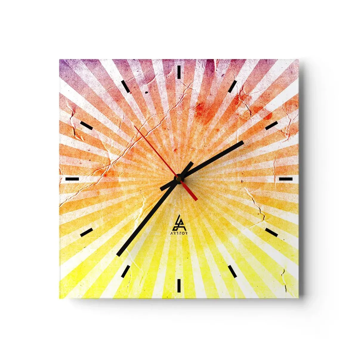 Reloj de pared - Reloj de vidrio - Rayos de sol en tonos naranja y amarillo. - 30x30cm - Renacer del sol - Decoración de pared moderna para salón y dormitorio ARTTOR
