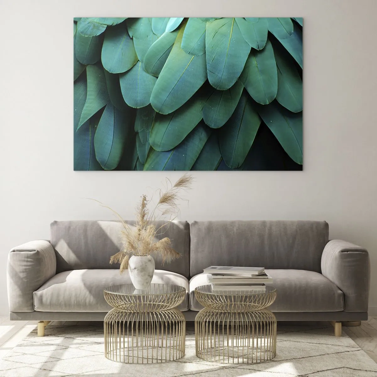 Cuadro sobre vidrio - Impresiones sobre Vidrio - Un primer plano de las plumas intensamente verdes de un loro. - 70x50cm - La precisión de la naturaleza - Decoración de pared moderna para salón y dormitorio ARTTOR