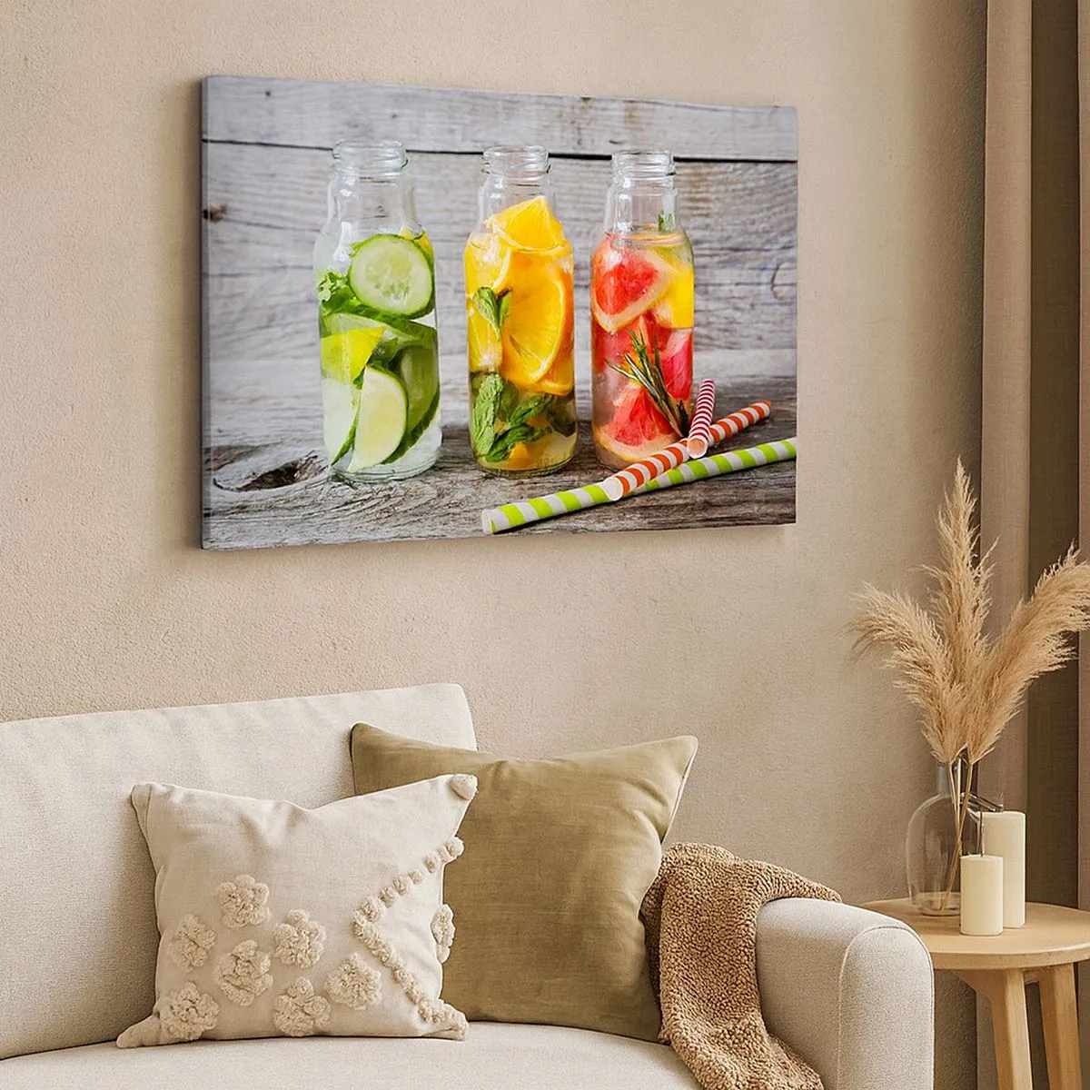Cuadro sobre lienzo - Impresión de Imagen - Botellas de agua de frutas y hierbas sobre un fondo de madera. - 70x50cm - Saludable por naturaleza - Decoración de pared moderna para salón y dormitorio ARTTOR