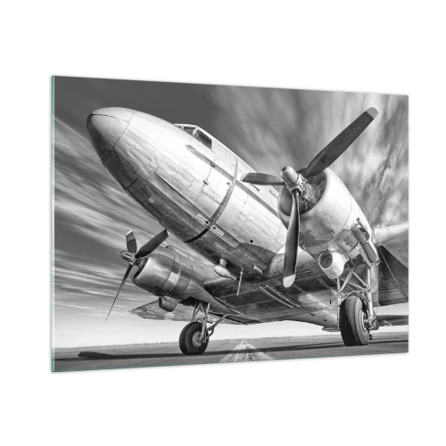 Cuadro sobre vidrio - Impresiones sobre Vidrio - Un avión de hélice en blanco y negro en la pista. - 100x70cm - Siempre listo para volar - Decoración de pared moderna para salón y dormitorio ARTTOR