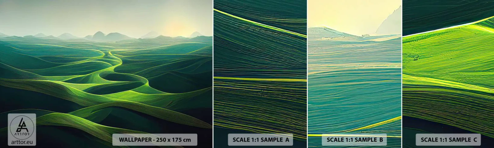 Muestra De Fotomural Standard Eco - Valles en tonos verdes - Paisaje, Prado, Valles - 100x30 cm