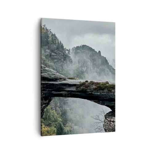 Cuadro sobre lienzo - Impresión de Imagen - Un arco de piedra rodeado de montañas brumosas y bosques. - 50x70cm - La aventura está a punto de comenzar - Decoración de pared moderna para salón y dormitorio ARTTOR