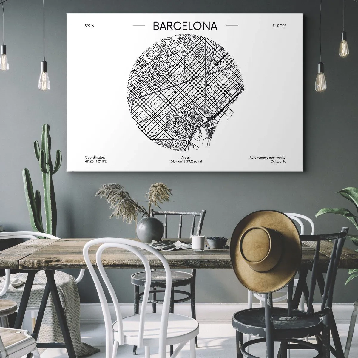 Cuadro sobre lienzo - Impresión de Imagen - Un mapa de Barcelona en estilo minimalista en blanco y negro - 70x50cm - Anatomía de Barcelona - Decoración de pared moderna para salón y dormitorio ARTTOR