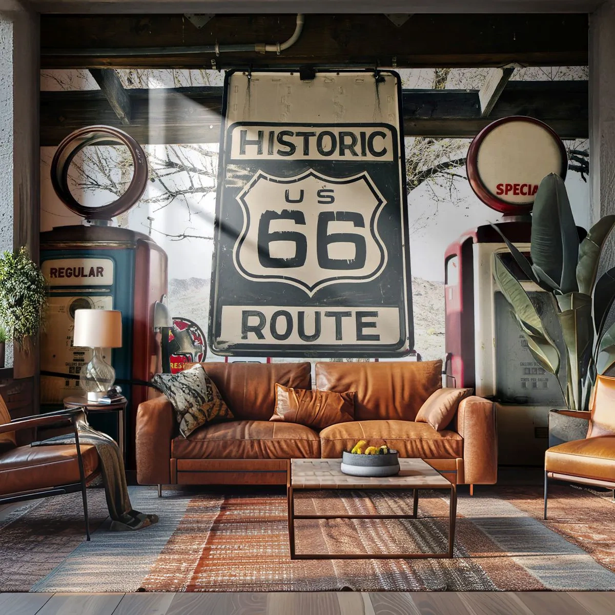 Fotomural Premium Sand - Gasolinera retro en la legendaria Ruta 66 - 100x70cm - Un viaje retro americano - Decoración de pared moderna para salón y dormitorio ARTTOR