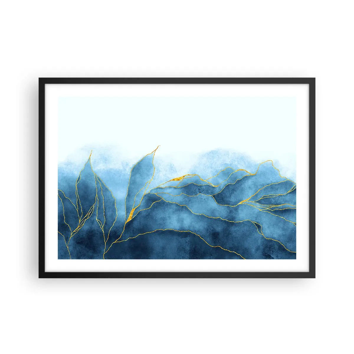 Póster en marco negro - Ondas abstractas en tonos azules con acentos dorados. - 70x50cm - Oro y azul - Decoración de pared moderna para salón y dormitorio ARTTOR