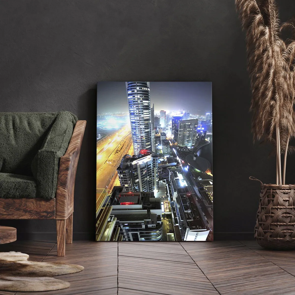 Cuadro sobre lienzo - Impresión de Imagen - Panorama de la ciudad nocturna con rascacielos iluminados - 70x100cm - Un milagro en el desierto - Decoración de pared moderna para salón y dormitorio ARTTOR