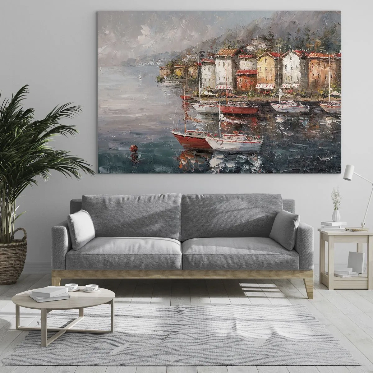 Cuadro sobre vidrio - Impresiones sobre Vidrio - Un puerto pintoresco con veleros y casas coloridas. - 70x50cm - Un refugio romántico - Decoración de pared moderna para salón y dormitorio ARTTOR