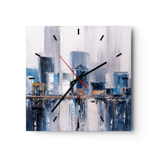 Reloj de pared - Reloj de vidrio - Panorama abstracto de la ciudad con tonos de azul y amarillo - 30x30cm - Impresión neoyorquina - Decoración de pared moderna para salón y dormitorio ARTTOR
