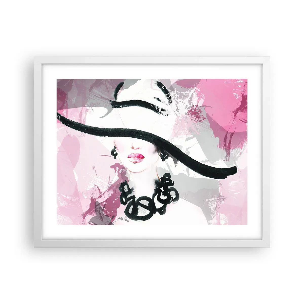Póster en marco blanco - Retrato de una dama en negro y rosa - 50x40 cm