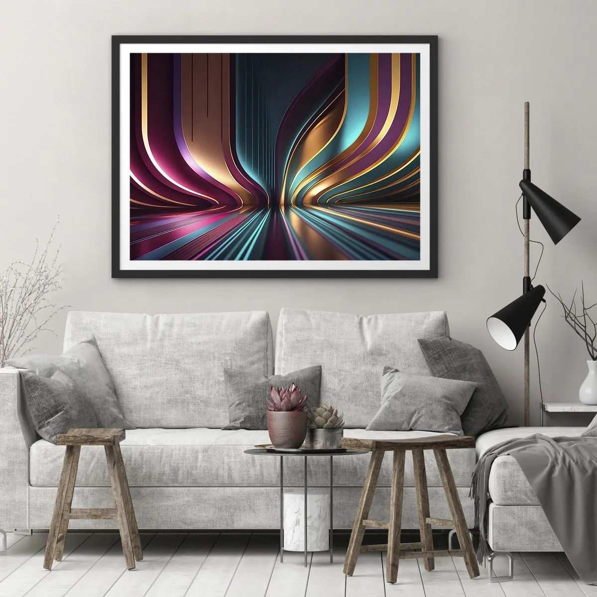 Póster en marco negro - Abstracción futurista con colores intensos y curvas. - 70x50cm - Arquitectura de la luz - Decoración de pared moderna para salón y dormitorio ARTTOR
