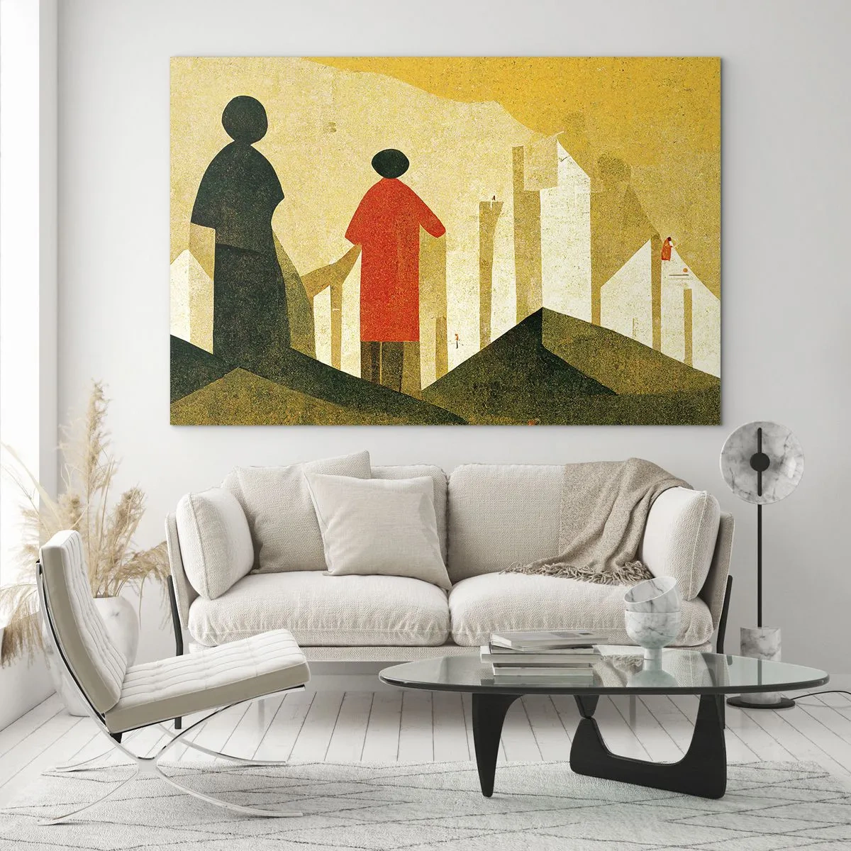 Cuadro sobre vidrio - Impresiones sobre Vidrio - Siluetas geométricas de figuras entre formas altas contra el fondo de un cielo amarillo. - 70x50cm - Todavía lejos del destino - Decoración de pared moderna para salón y dormitorio ARTTOR