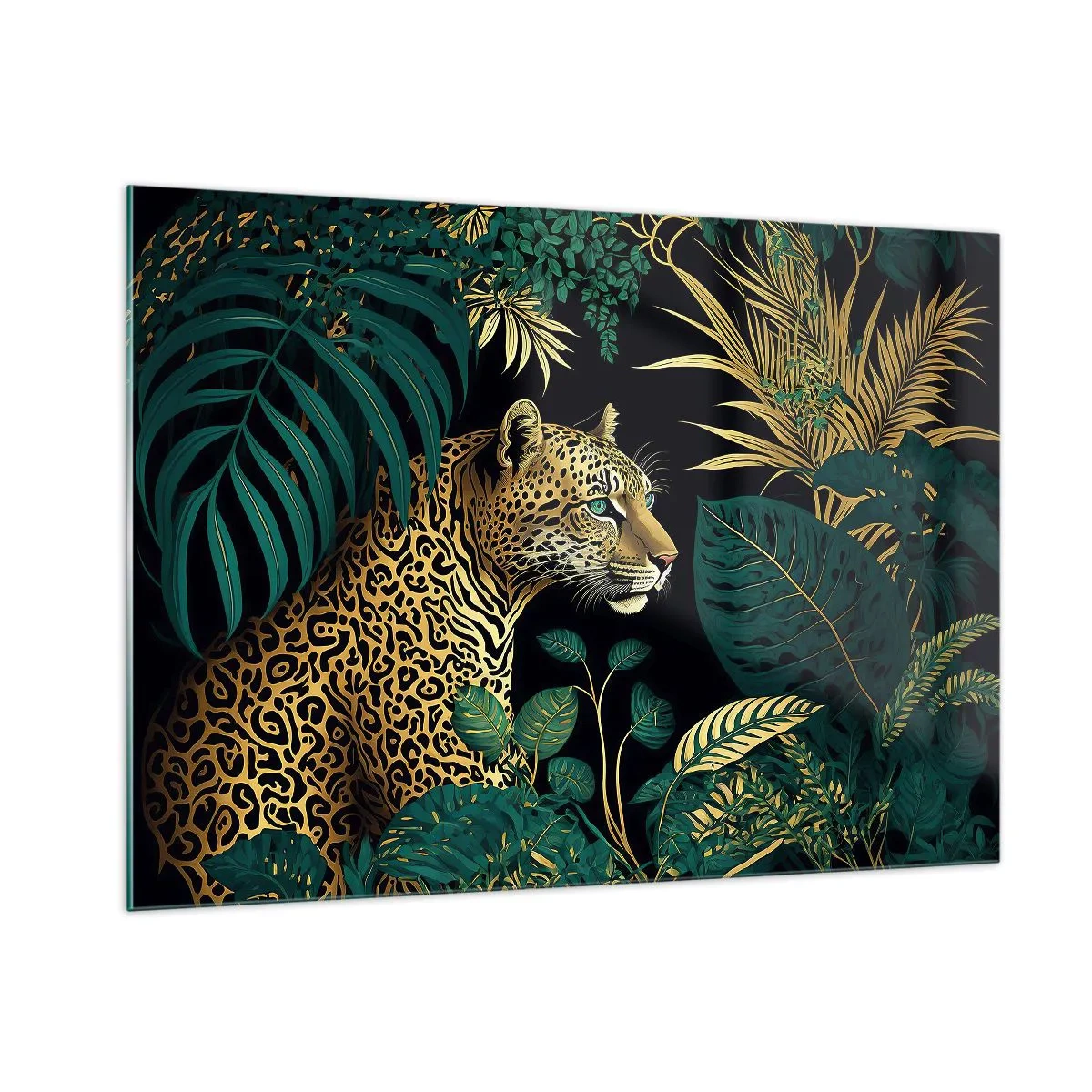 Cuadro sobre vidrio - Impresiones sobre Vidrio - Un leopardo entre hojas tropicales sobre un fondo oscuro. - 100x70cm - El anfitrión en la jungla - Decoración de pared moderna para salón y dormitorio ARTTOR