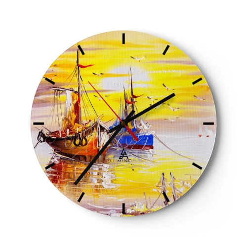 Reloj de pared - Reloj de vidrio - Veleros pintorescos al atardecer - 30x30cm - Un merecido descanso en el puerto - Decoración de pared moderna para salón, cocina y dormitorio ARTTOR